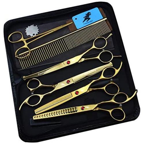 Freelander 6 PCS Pet Grooming Scissors Kit With round head, 7 inch Gold Used for Dog or Cat with Cutting Scissors, Thinning Shear, Curved Scissors, Grooming Comb