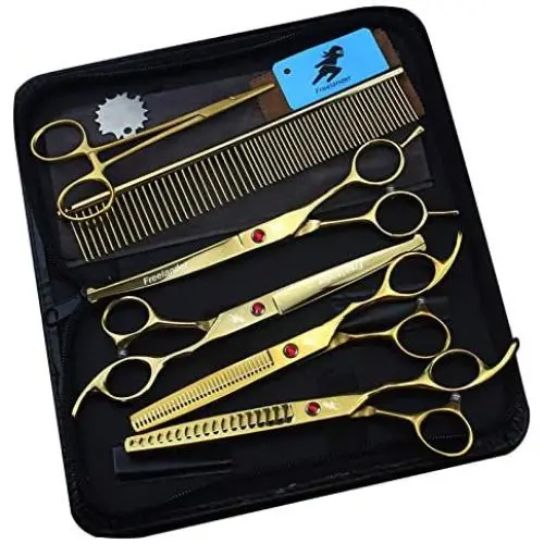 Freelander 6 PCS Pet Grooming Scissors Kit With round head, 7 inch Gold Used for Dog or Cat with Cutting Scissors, Thinning Shear, Curved Scissors, Grooming Comb