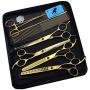 Freelander 6 PCS Pet Grooming Scissors Kit With round head, 7 inch Gold Used for Dog or Cat with Cutting Scissors, Thinning Shear, Curved Scissors, Grooming Comb