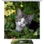 NOAON Waterproof Fabric Shower Curtain Set with Hooks and Mats Bathroom Bath Decor - Cat Mieze Pet Domestic Cat Animal Young Cat