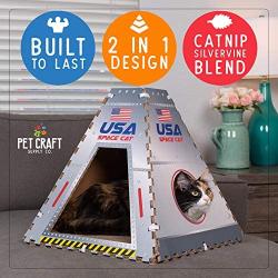 Pet Craft Supply Space House Corrugated Cardboard Cat House Condo Tent Hideaway Cave Furniture Playhouse with Scratching Board and Catnip & Silvervine Blend Scratcher for Kittens and Adult Cats