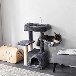 IBUYKE Cat Tree Tower Condo Cat Play Furniture 30'' with Sisal Scratching Posts, Perches, Cat House, Basket, for Pet Cat Kitten, Light Gray Smoky Gray Beige UCT006