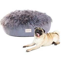 Ushang Pet Premium Faux Long Fur Calming Cuddler Orthopedic Round Dog Sofa Bed, Self-Warming Shag Dog Cushion Donut Bed for Medium & Large Dog (Large 36 inch, Gray)