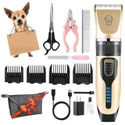 Dog Clippers Grooming Kit, Electric Pet Clipper Low Noise Rechargeable Cordless Pet Hair Trimmer for Dogs Cats Pets, Quiet, Washable, with LED Display