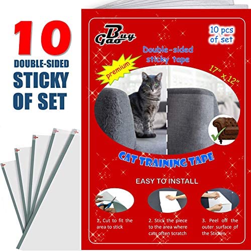 BuyGao Cat Scratch Deterrent – 10Pcs 17 x 12 Inch Anti Scratch Furniture Protector – Double Sided Self Adhesive Sticky Tape – Transparent Flexible Design – Ideal for Sofa, Couch, Chairs