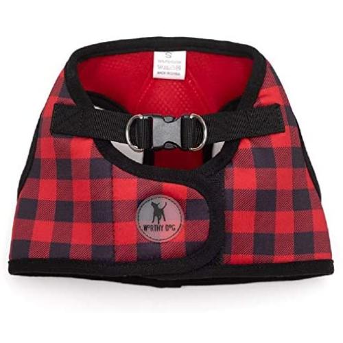 The Worthy Dog Printed Harness Buffalo Plaid Red and Black Plaid Pattern Harness with Padded Mesh Velcro Adjustable, Outdoor, Easy Walk Vest for Small Medium Large Dogs, Red/Black Color