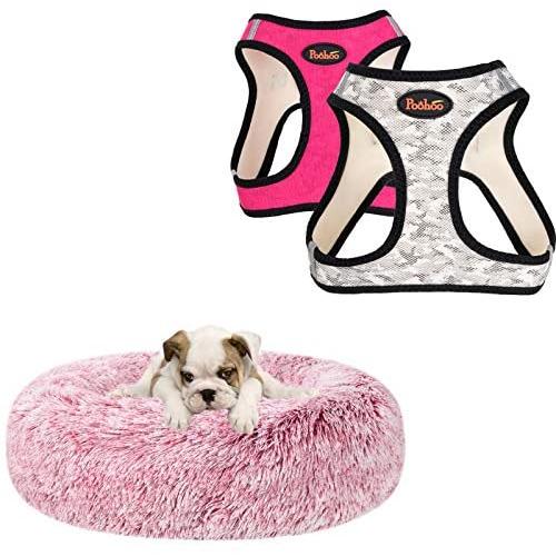 Poohoo 2 Pack Step-in Double Layers Mesh Dog Vest Harness Adjustable for Small Medium Dogs (L(Chest:19.2''-21.7''), Beige and Pink), Calming Faux Fur Donut Cuddler Dog Bed