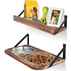 Emfogo Dog Bowls Customized Height Wall Mounted Elevated Pet Feeder with 2 Stainless Steel Dog or Cat Dishes and Storage Shelf Rustic Wood Raised Pet Bowls 15.8 in L
