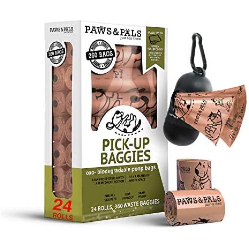 Paws & Pals Dog Poop Bag - Eco-Friendly, Large & Leak-Proof w/ Dispenser Holder & Leash Clip - Best for Walking Dogs Pet Waste - 360 Pack, 24 Roll Refills x 15 Bags - Heavy Duty, Unscented, Beige