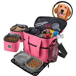 Dog Travel Bag - Week Away Tote for Med and Large Dogs - Includes Bag, 2 Lined Food Carriers, Placemat, and 2 Collapsible Bowls