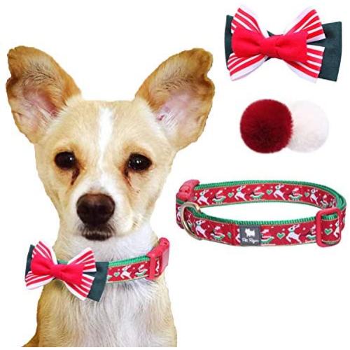 Pet Rejoir Dog Collar– Paisley Daisy Flamingo Patterns Christmas and Solid Dog Collar with Removable Bowtie– Neck 11~15'', 15~19'' and 19~25'' Adjustable Pet Collar for Small Medium and Large Dogs