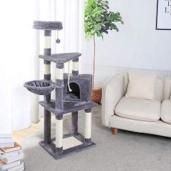 Xinyu 53 Inches Cat Tree Cat Condo with an Extra-Large Scratching Pad, Basket(Supported by Two Posts) Grey