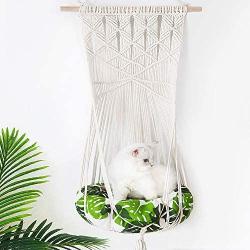 HIPIPET Cat Hammock Bed with 2 Cushions Tapestry Swing Bed Macrame Cotton Rope Cat Window Perch Wall Hanging Cat Bed for Indoor Cats Sleeping