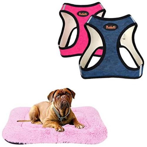 Poohoo 2 Pack Step-in Double Layers Mesh Dog Vest Harness Adjustable for Small Medium Dogs (L(Chest:19.2''-21.7''), Pink and Blue),Poohom Soft Plush Dog Bed,Dog Crate Bed Pet Cushion Pet Pillow Bed Wash