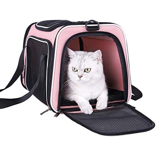 petisfam Pet Carrier for Medium Cats and Small Dogs with Washable Cozy Bed, 3 Doors and Shoulder Strap. Easy to get cat in, Easy to Storage and Escape Proof