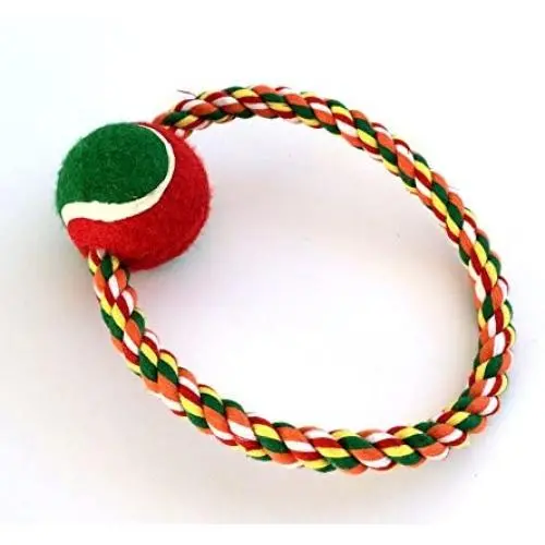 7'' cotton braided rope ring pet toy with tennis ball, Ultra-strong, durable and fun for pets playing and dental health, good for the training too. Available color may vary. 7'' cotton braided rope ring pet toy with tennis ball, Ultra-strong, durable and fun for pets playing and dental health, good for the training too. Available color may vary.