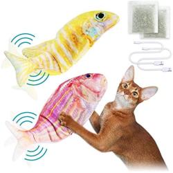 ZooZoo 2-Pack Flopping Plush Fish Catnip Cat Toy 11.8'' Touch Sensor Auto Activated Standby USB Charging Washable Electronic Wiggle Realistic Pet Simulation Happy Healthy Kitten Interactive Silver Vine