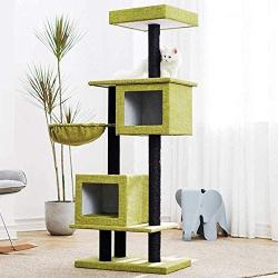 Large Cat Tower, Modern Cat Tree Condo, 2 Spacious House, Green Sofa Cloth Covered, Tall Perch with Raised Edge, Soft Cat Basket, Sisal Scratching Post