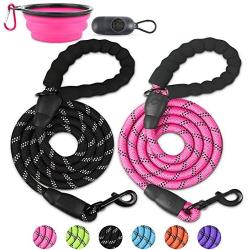 QUXIANG 2 Pack Dog Leash 5 FT Premium Quality Heavy Duty Nylon Pet Training Leash with Padded Handle Collapsible Pet Bowl Highly Reflective Rope Threads for Medium and Large Dogs Sturdy (Black/Pink)