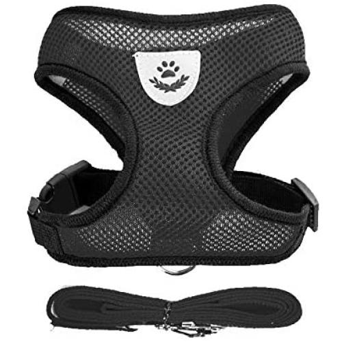 Emoly Soft Mesh Dog Harness Vest, Large Dog Harness, Night Reflective Adjustable Mesh Harness with Padded Vest and Leash（Black）