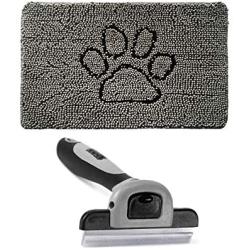 Gorilla Grip Indoor Doormat and Pet Grooming Brush, Inside Paw Gray Chenille Door Mat is 30x20 Size, 2 Item Bundle