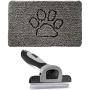 Gorilla Grip Indoor Doormat and Pet Grooming Brush, Inside Paw Gray Chenille Door Mat is 30x20 Size, 2 Item Bundle