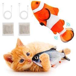 Interactive Cat Toys Floppy Moving Fish with Catnip Realistic Plush Electric Wagging Toy for Indoor Kitty Pet Grabbing, Biting, Chewing and Kicking 2 Pack (Clownfish + Carp)