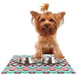 KESS InHouse Pom Graphic Design Eclectic Peach Teal Feeding Mat for Pet Bowl, 24 by 15-Inch