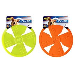 Nerf Dog Rubber Flyer Dog Toy, Frisbee, Lightweight, Durable and Water Resistant, Great for Beach and Pool, 10 inch diameter, for Medium/Large Breeds, Two Pack, Green and Orange