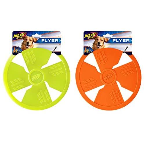 Nerf Dog Rubber Flyer Dog Toy, Frisbee, Lightweight, Durable and Water Resistant, Great for Beach and Pool, 10 inch diameter, for Medium/Large Breeds, Two Pack, Green and Orange