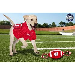 Pets First NCAA Wisconsin Badgers Football Dog Toy, Tough Quality Nylon Materials, Strong Pull Ropes, Inner Squeaker, Collegiate Team Color