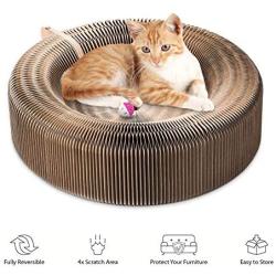 eecoo Cat Cardboard Scratcher,Round Cardboard Cat Bed Collapsible Cat Cardboard Lounge Bed with Toy Bell Ball and Catnip 3-in-1 Functional Corrugated