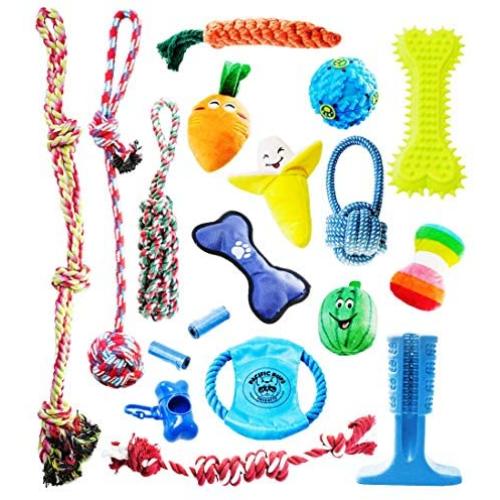 Pacific Pups Products supporting PacificPupRescue.com - 18 Piece Dog Toy Set with Dog Chew Toys, Rope Toys for Dogs, Plush Dog Toys and Dog Treat Dispenser Ball - Supports Non-Profit Dog Rescue