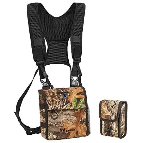 TIDEWE Bino Harness with Rangefinder Pouch & Rain Cover, Durable Lightweight Portable Binocular Pack, Comfortable Large & Small Bino Chest Harness for Hunting, Hiking (Realtree Edge Camo & Brown)