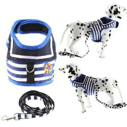 Wiz BBQT Dog Cat Puppy Pet Harness Vest and Leash Set for Walking Blue and White Navy Striped Sailor Anchor Style