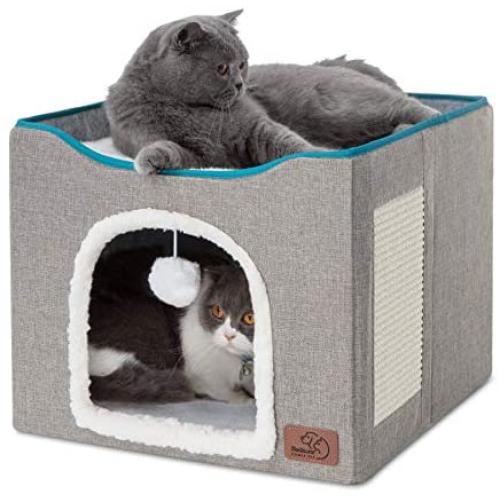 Bedsure Cat Cube, Foldable Cat Cubes for Indoor Cats, Cat House Indoor - Large Cat Bed with Fluffy Ball Hanging and Scratch Pad, 16.5x16.5x14 inches, Grey