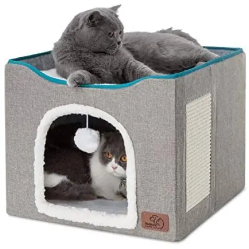 Bedsure Cat Cube, Foldable Cat Cubes for Indoor Cats, Cat House Indoor - Large Cat Bed with Fluffy Ball Hanging and Scratch Pad, 16.5x16.5x14 inches, Grey Bedsure Cat Cube, Foldable Cat Cubes for Indoor Cats, Cat House Indoor - Large Cat Bed with Fluffy Ball Hanging and Scratch Pad, 16.5x16.5x14 inches, Grey