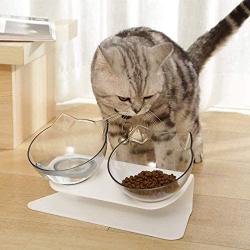 JUILE YUAN Cat Raised Stand Double Transparent Plastic Bowl,Pet Feeding Bowl | Pet Food Water Feeder Bowl for Cats and Dogs ，Cute Cat Face Elevated Double Bowl 15 Degree Tilted Design Neck Guard