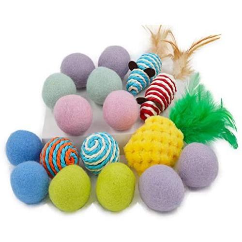 Jcheupet 17pcs Assorted Cat Toys,Interactive Toys Set Including Wool Balls,Catnip Feather Pineapple,Paper Rope Balls and Feather Mice for Kitty,Cat,Kitten with Storage Bag