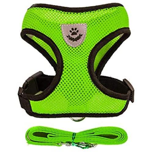 Emoly Soft Mesh Dog Harness Vest, Large Dog Harness, Night Reflective Adjustable Mesh Harness with Padded Vest and Leash（Green）