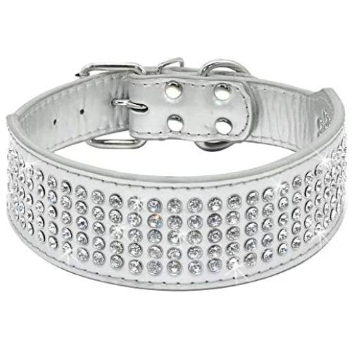 Beirui Rhinestones Dog Collars - 2'' Width with 5 Rows Full Sparkly Crystal Diamonds Studded PU Leather - Beautiful Bling Pet Appearance for Medium & Large Dogs