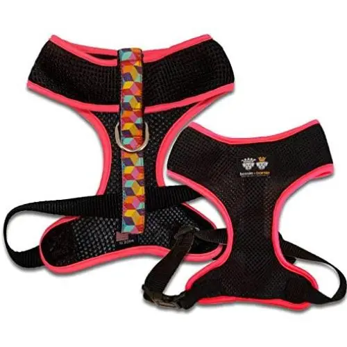 BESSIE AND BARNIE Air Comfort Harness for Pets, Black/Rainbow Blocks/Hot Pink BESSIE AND BARNIE Air Comfort Harness for Pets, Black/Rainbow Blocks/Hot Pink
