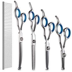 DELOMO Pet Scissors for Dogs & Cats with Safety Round Tips, 5 in 1 Pet Grooming Scissors Set, Pet Cutting Scissors Kit with Thinning, Straight, Curved Shears and Comb for Long or Short Hair Pets