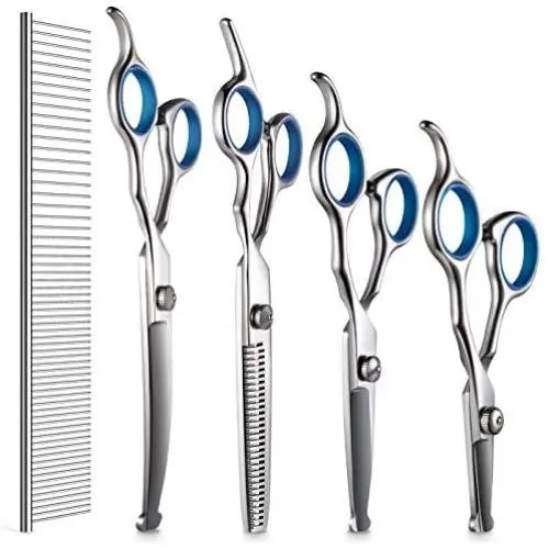 DELOMO Pet Scissors for Dogs & Cats with Safety Round Tips, 5 in 1 Pet Grooming Scissors Set, Pet Cutting Scissors Kit with Thinning, Straight, Curved Shears and Comb for Long or Short Hair Pets DELOMO Pet Scissors for Dogs & Cats with Safety Round Tips, 5 in 1 Pet Grooming Scissors Set, Pet Cutting Scissors Kit with Thinning, Straight, Curved Shears and Comb for Long or Short Hair Pets