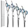 DELOMO Pet Scissors for Dogs & Cats with Safety Round Tips, 5 in 1 Pet Grooming Scissors Set, Pet Cutting Scissors Kit with Thinning, Straight, Curved Shears and Comb for Long or Short Hair Pets DELOMO Pet Scissors for Dogs & Cats with Safety Round Tips, 5 in 1 Pet Grooming Scissors Set, Pet Cutting Scissors Kit with Thinning, Straight, Curved Shears and Comb for Long or Short Hair Pets