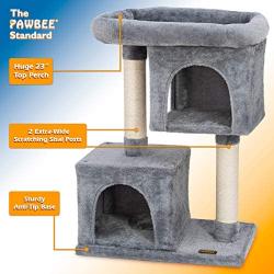 PAWBEE 33'' Cat Tree House - 2 Condos & 2 Sisal Scratching Posts - Cat Scratching Post Tower With Ex-Large Plush Perch - Cat Play Tower With Sturdy Base & Anti-Tip Strap - Large & Small Cats’ Cat Tower