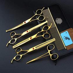 Freelander 6 PCS Pet Grooming Scissors Kit With round head, 7 inch Gold Used for Dog or Cat with Cutting Scissors, Thinning Shear, Curved Scissors, Grooming Comb