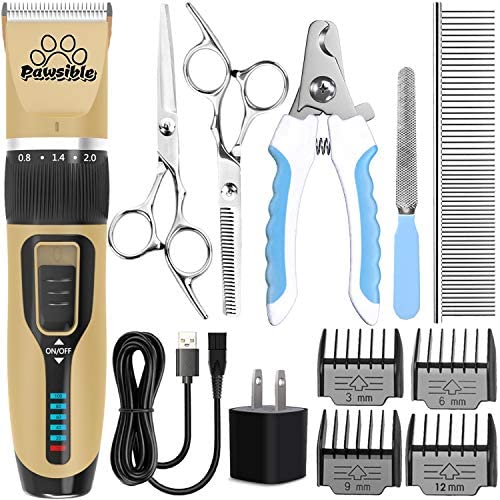 Pawsible Dog Clippers for Grooming - Dog Grooming Kit with Dog Hair Clippers, Dog Nail Clippers, Thinning & Straight Grooming Scissors - Cordless Dog Grooming Clippers with Battery Indicator