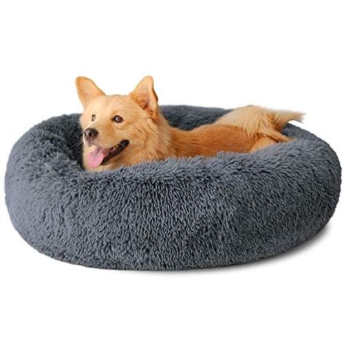 Dog Bed, Comfortable Round Donut Cuddler Pet Bed, Self-Warming Faux Fur Dog Cat Bed, Soft Plush Calming Bed for Small and Medium Dogs 30'' x 30'', Dark Grey