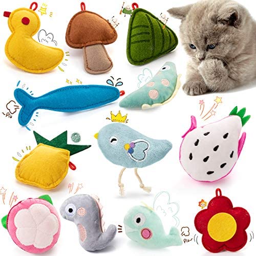 Sumind 12 Pieces Catnip Toys for Cat Interactive Cat Catnip Toys Cat Catnip Chew Toy Plush Cartoon Cute Shape Catnip Toys for Pet Kitten Cat Playing Chewing Grinding Claw and Teeth Cleaning